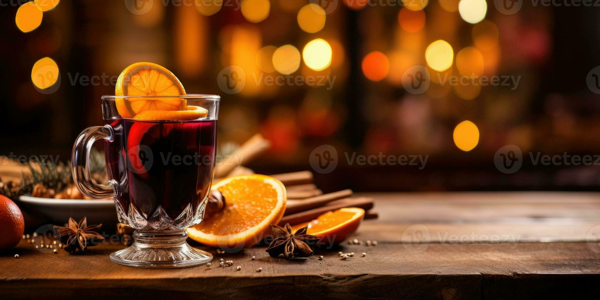 Cup with mulled wine, place for text or product, Christmas background. Generative AI photo