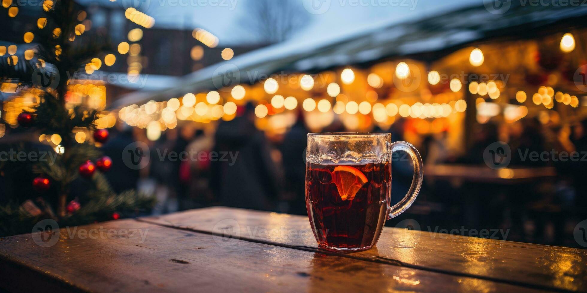 Cup with mulled wine, place for text or product, Christmas background. Generative AI photo
