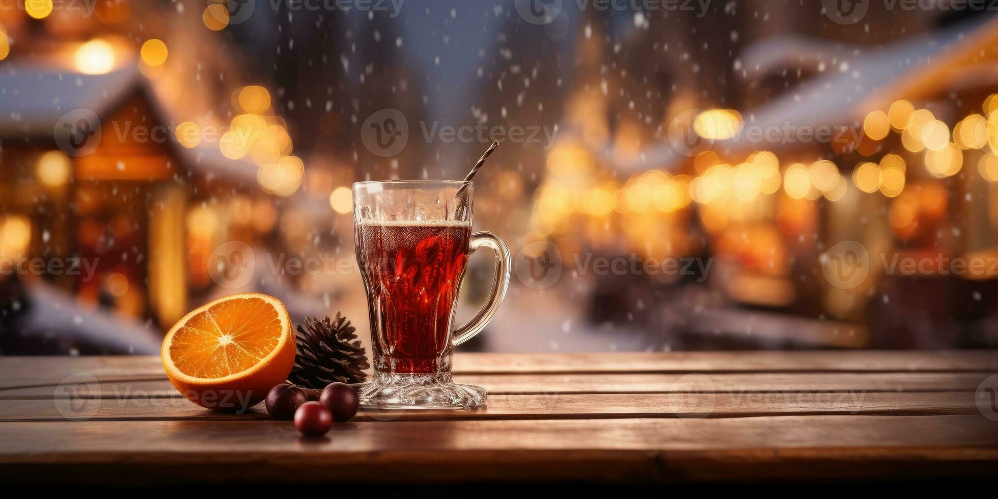 Christmas background, mulled wine on snow Wooden background, place for text, Generative AI photo