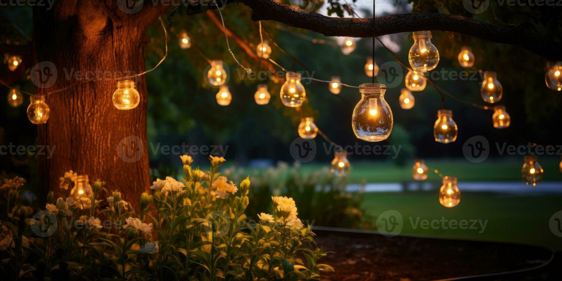 Close-up of a street garland with warm light on patio late at night. Generative AI photo