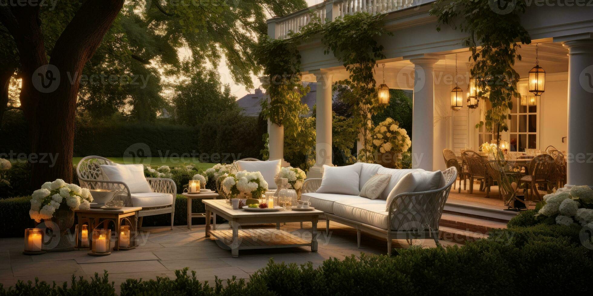 hermosa Disparo de al aire libre jardín mueble a noche, flores, linternas generativo ai foto