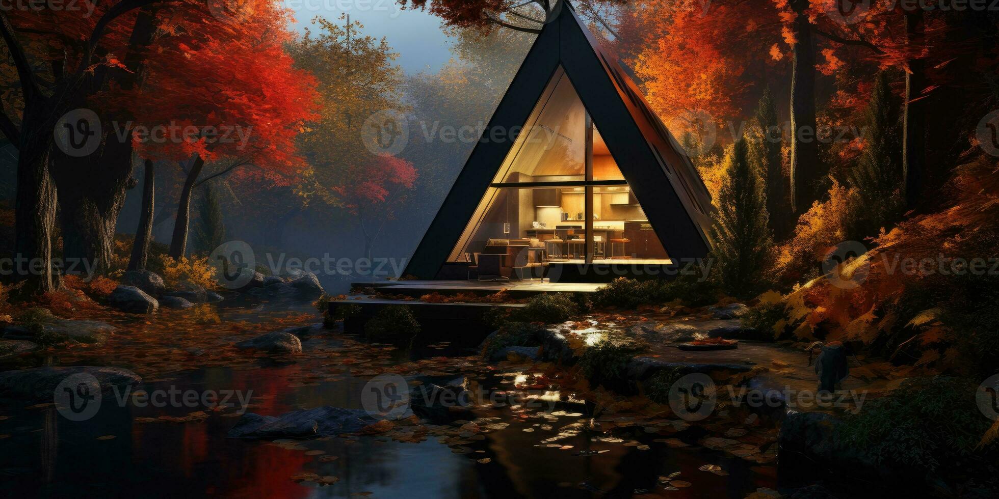 Triangular frame house in the autumn forest. Prefabricated structures stone. Generative AI photo