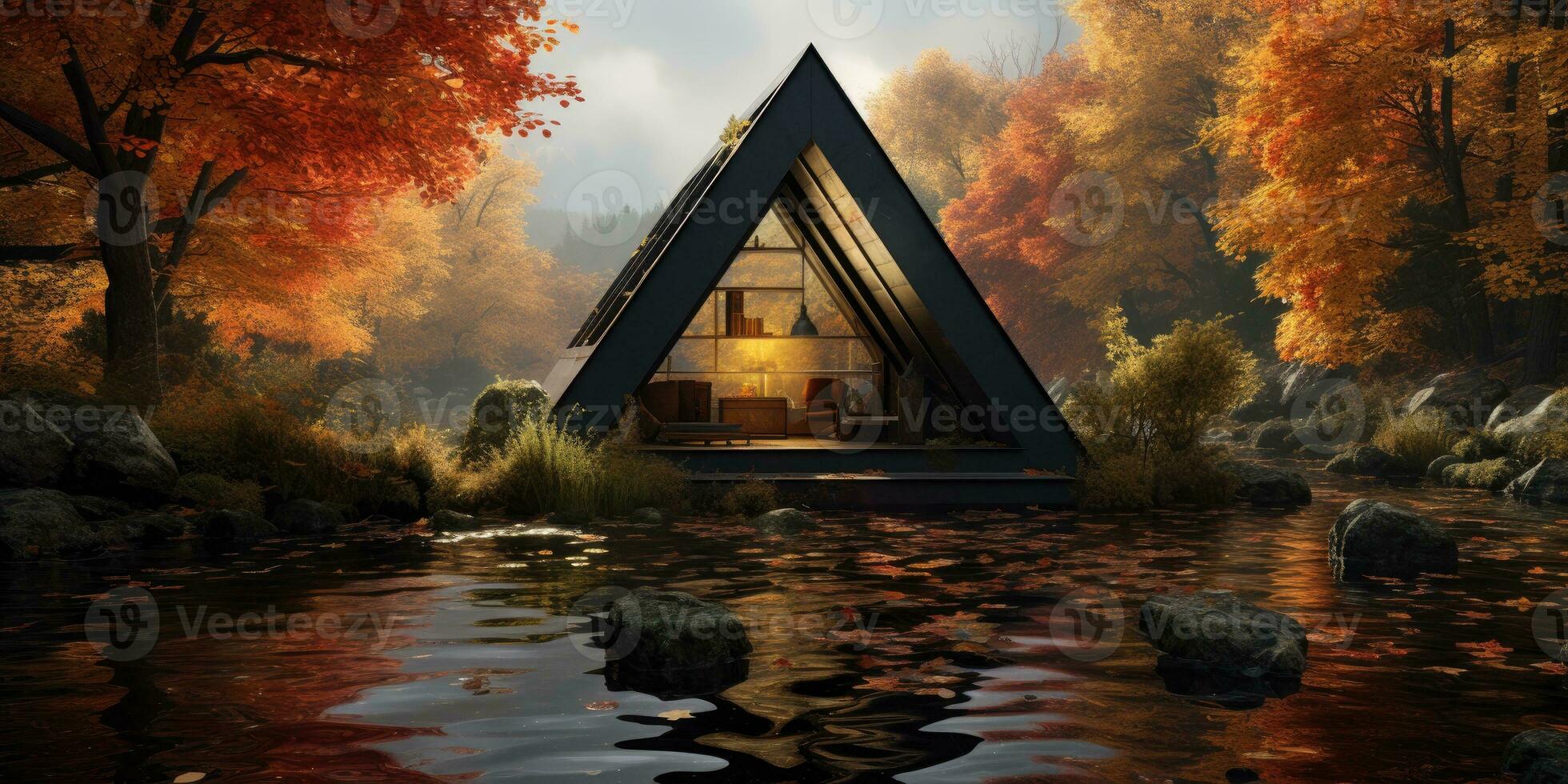 Triangular frame house in the autumn forest. Prefabricated structures stone. Generative AI photo