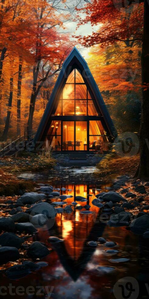 Triangular frame house in the autumn forest. Prefabricated structures stone. Generative AI photo