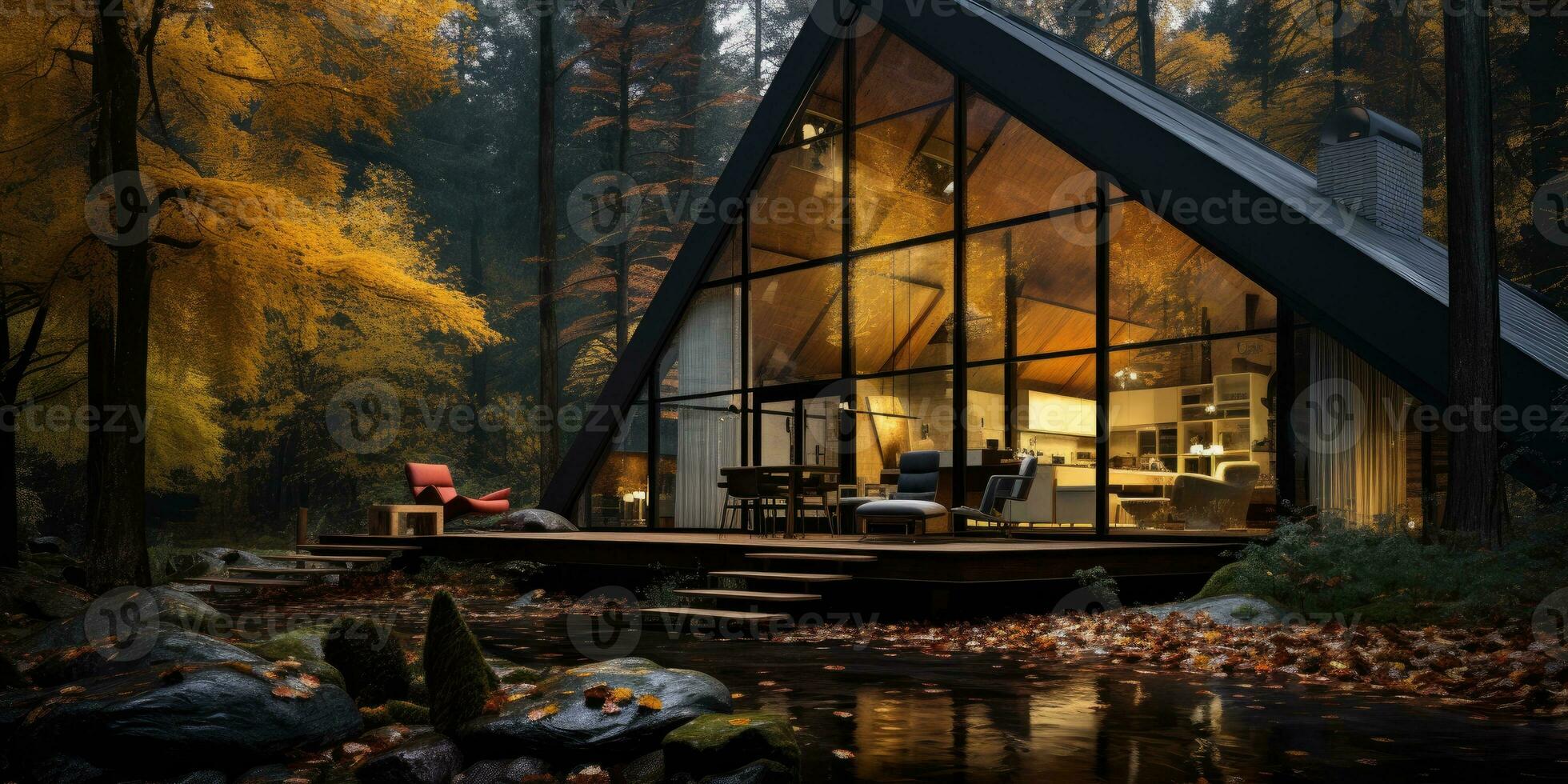 Triangular house in the forest. Frame house made of stone and wood. Generative AI photo
