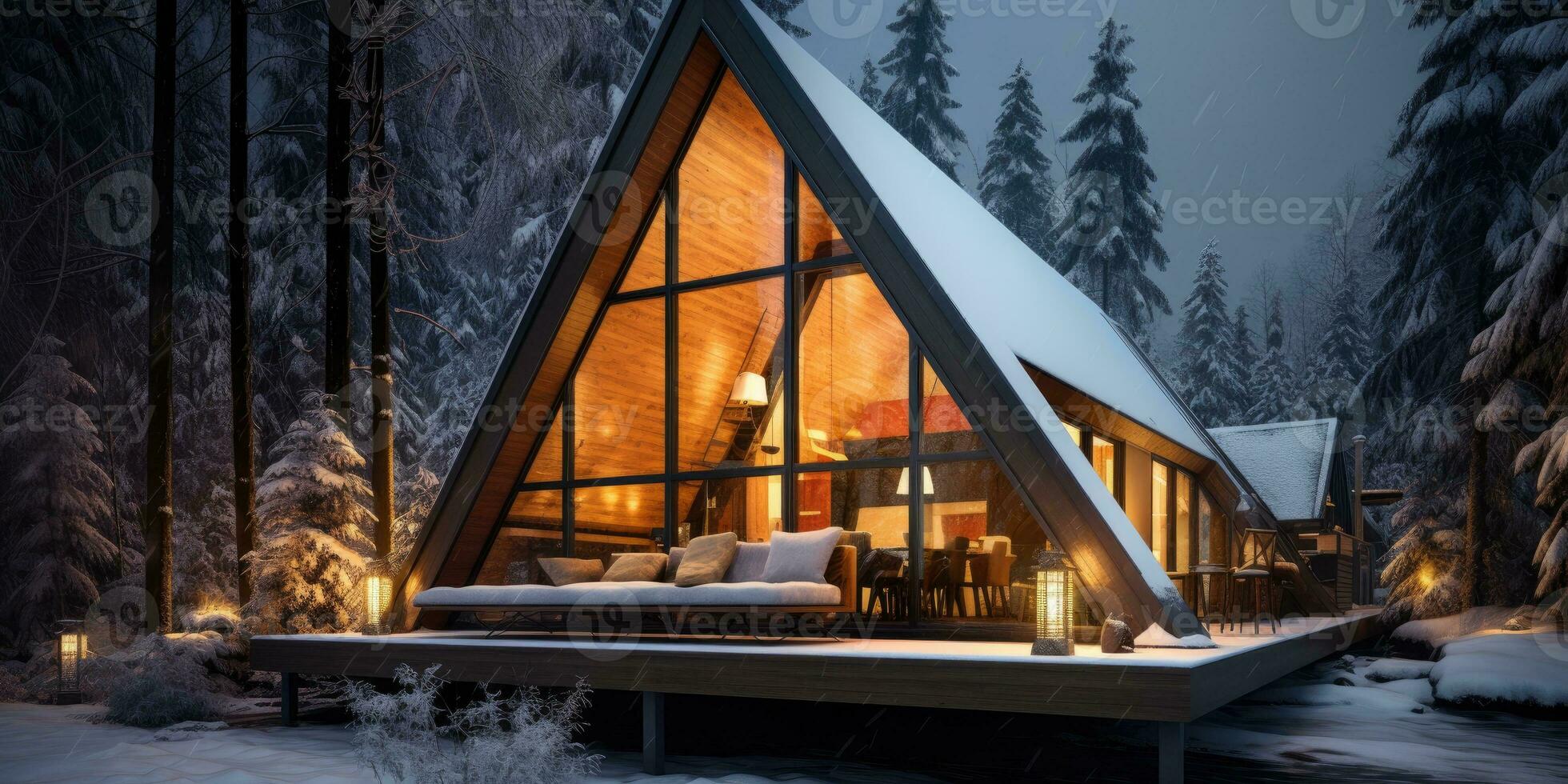 Triangular frame house in the winter forest near the lake. Generative AI photo