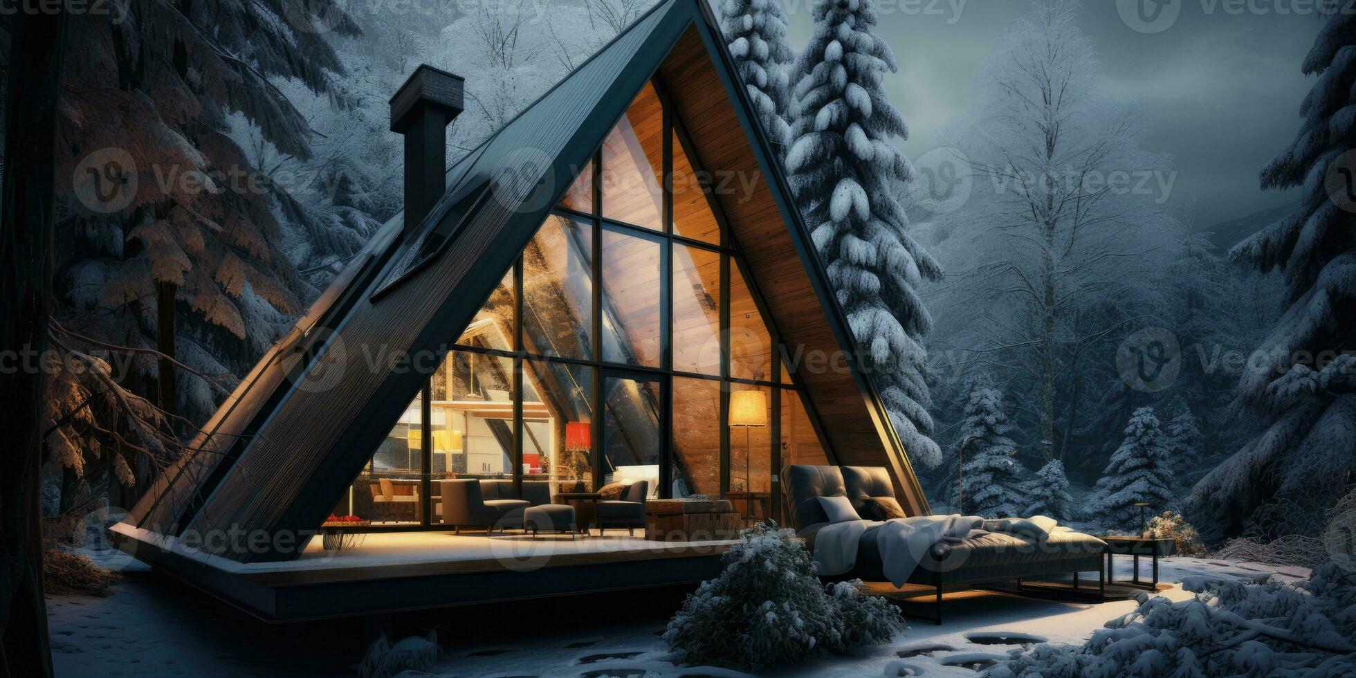 Triangular frame house in the winter forest near the lake. Generative AI photo