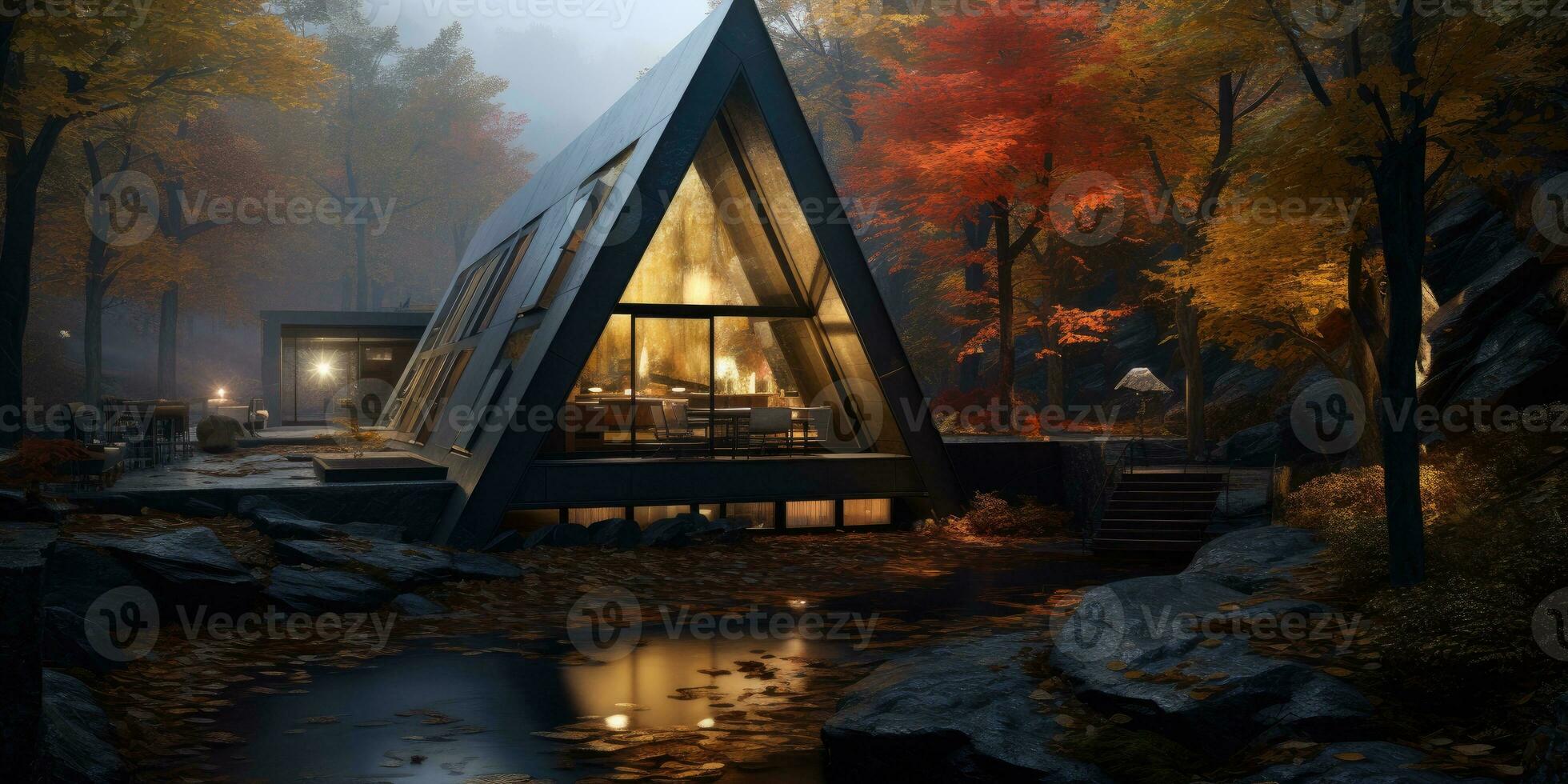 Triangular frame house in the autumn forest. Prefabricated structures stone. Generative AI photo