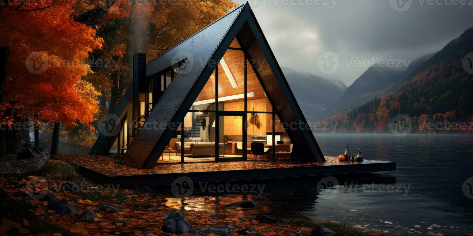 Triangular frame house in the autumn forest near the lake. Generative AI photo