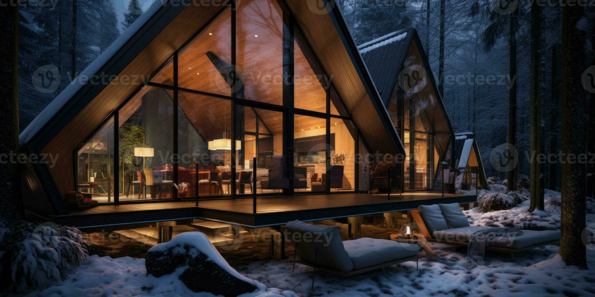 Triangular house in the winter forest. Frame house made stone and wood. Generative AI photo