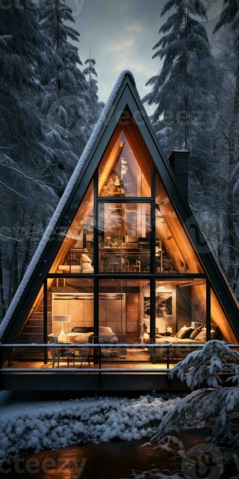 Triangular frame house in the winter forest near the lake. Generative AI photo