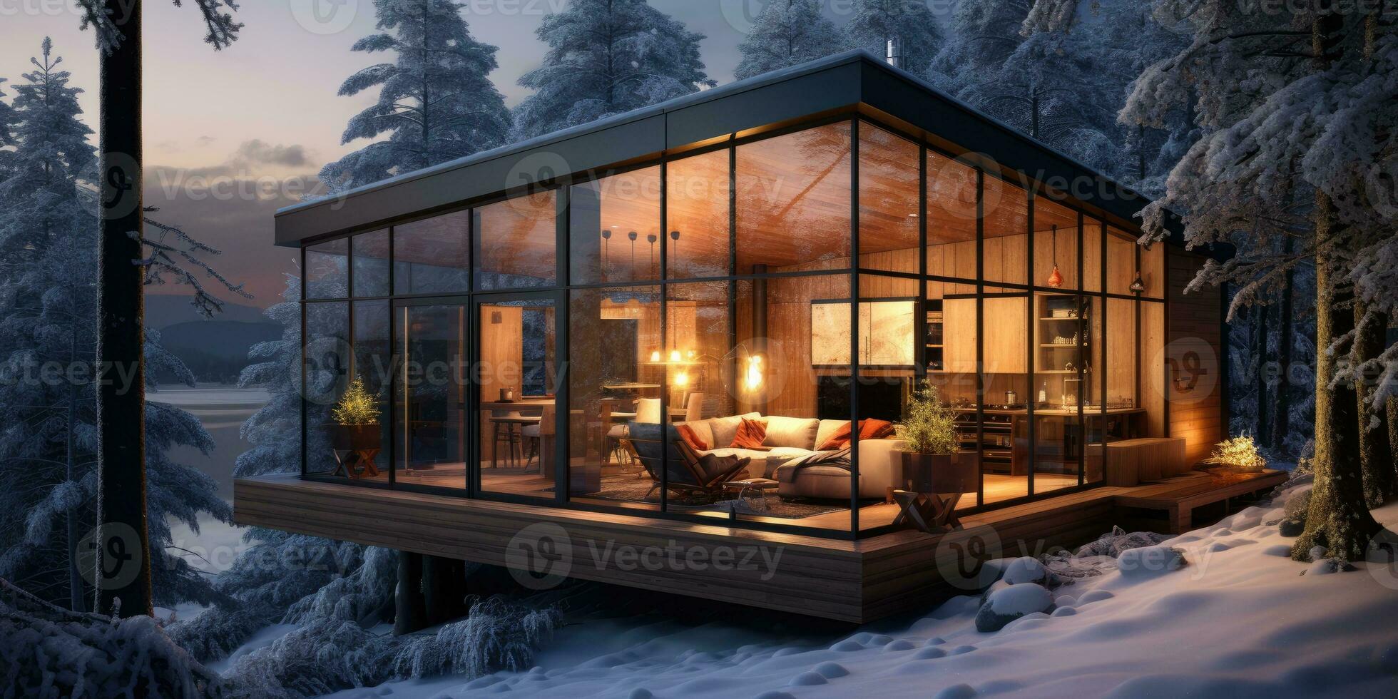 Triangular house in the winter forest. Frame house made stone and wood. Generative AI photo