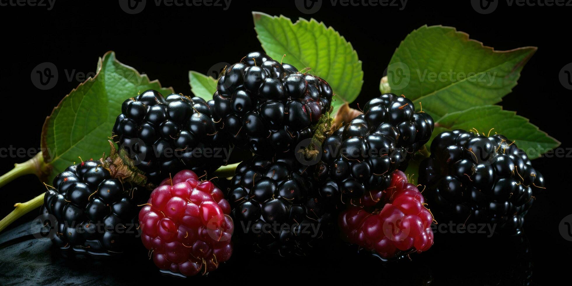 ripe and unripe blackberry on a bush with selective focus. Generative AI photo