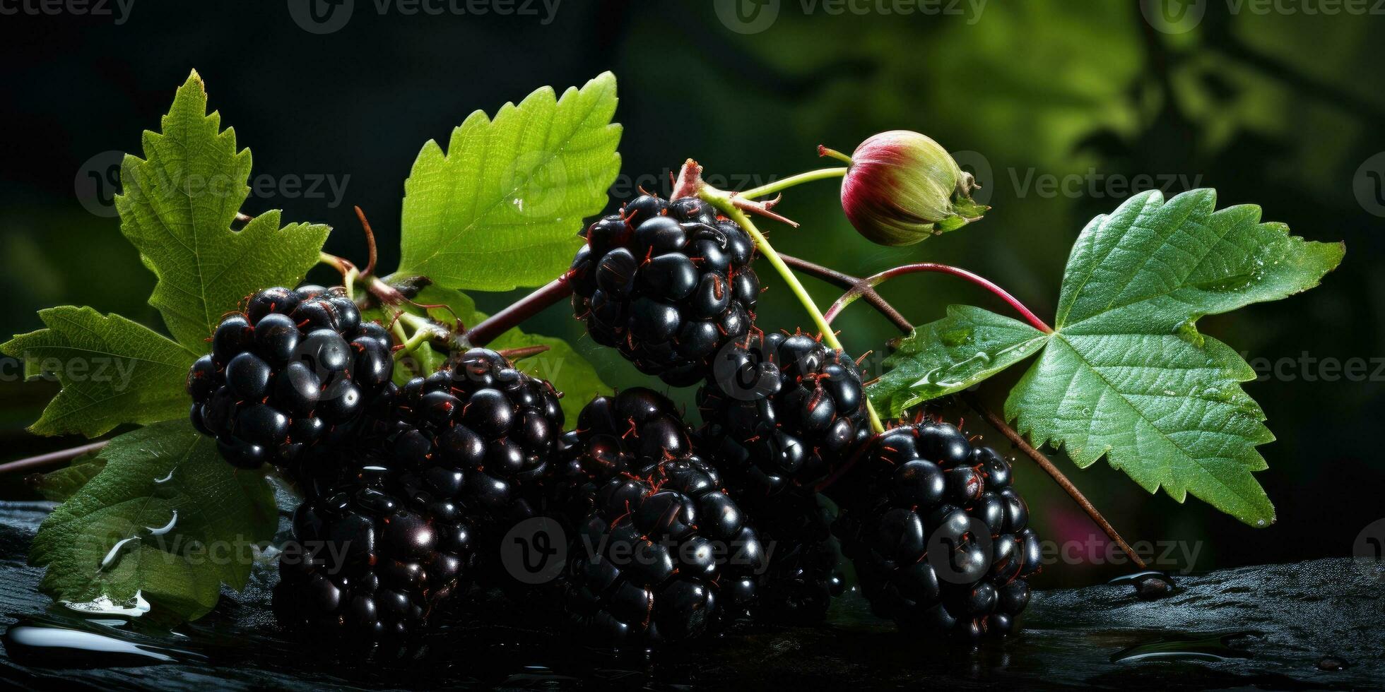 ripe and unripe blackberry on a bush with selective focus. Generative AI photo