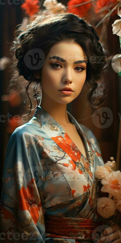 retrato de un joven mujer en un floral kimono. generativo ai foto