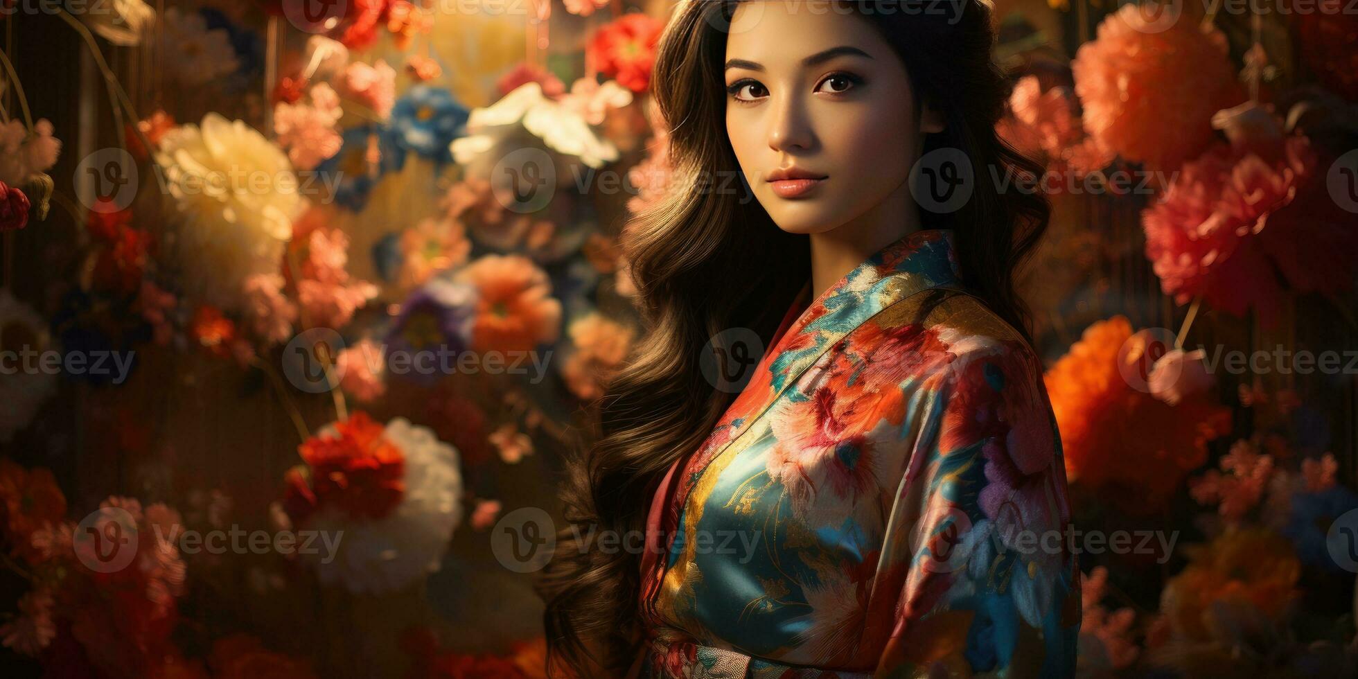 hermosa joven mujer en kimono en un floral antecedentes. generativo ai foto