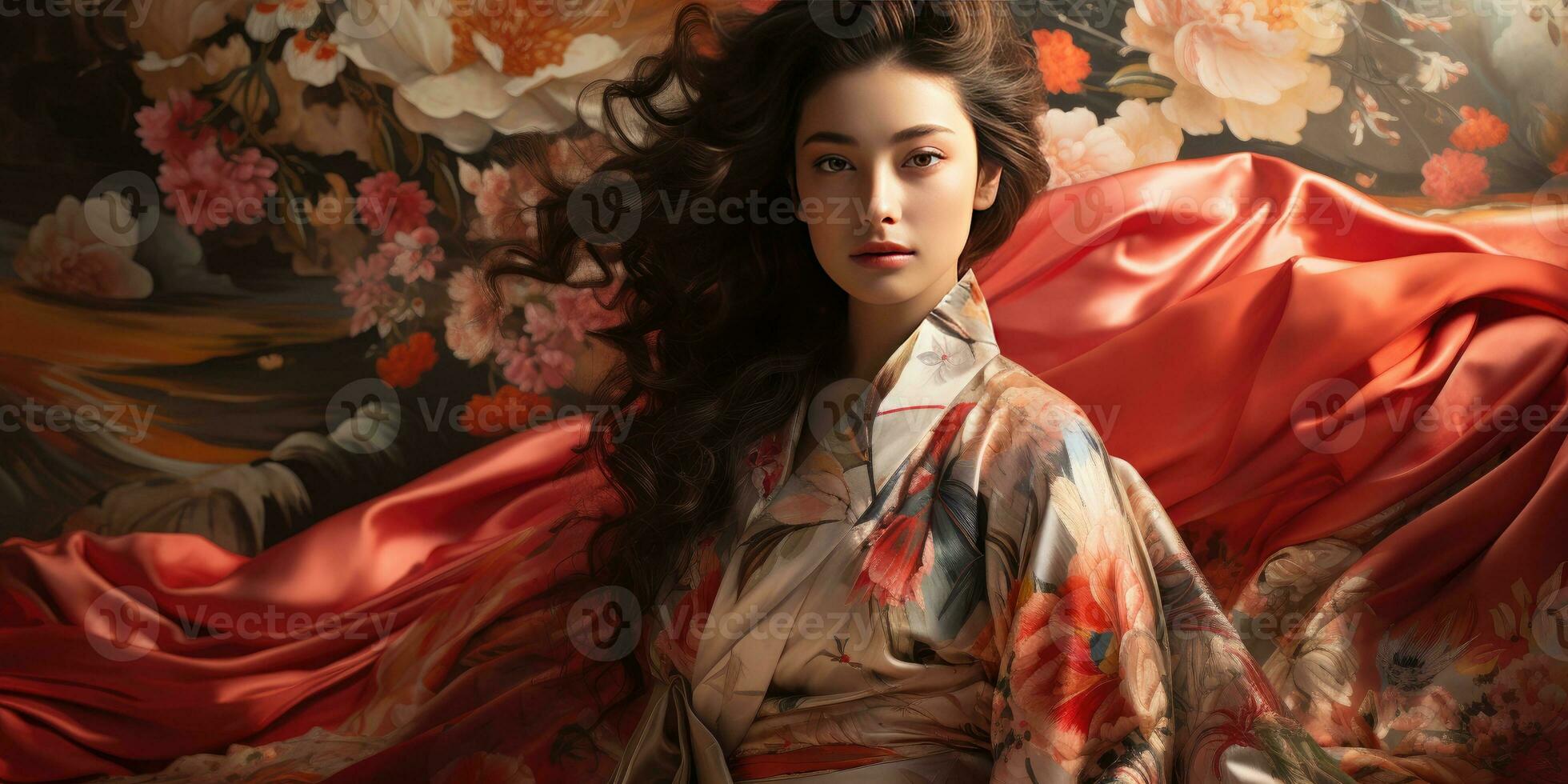 Portrait of a young woman in a floral kimono. Generative AI photo