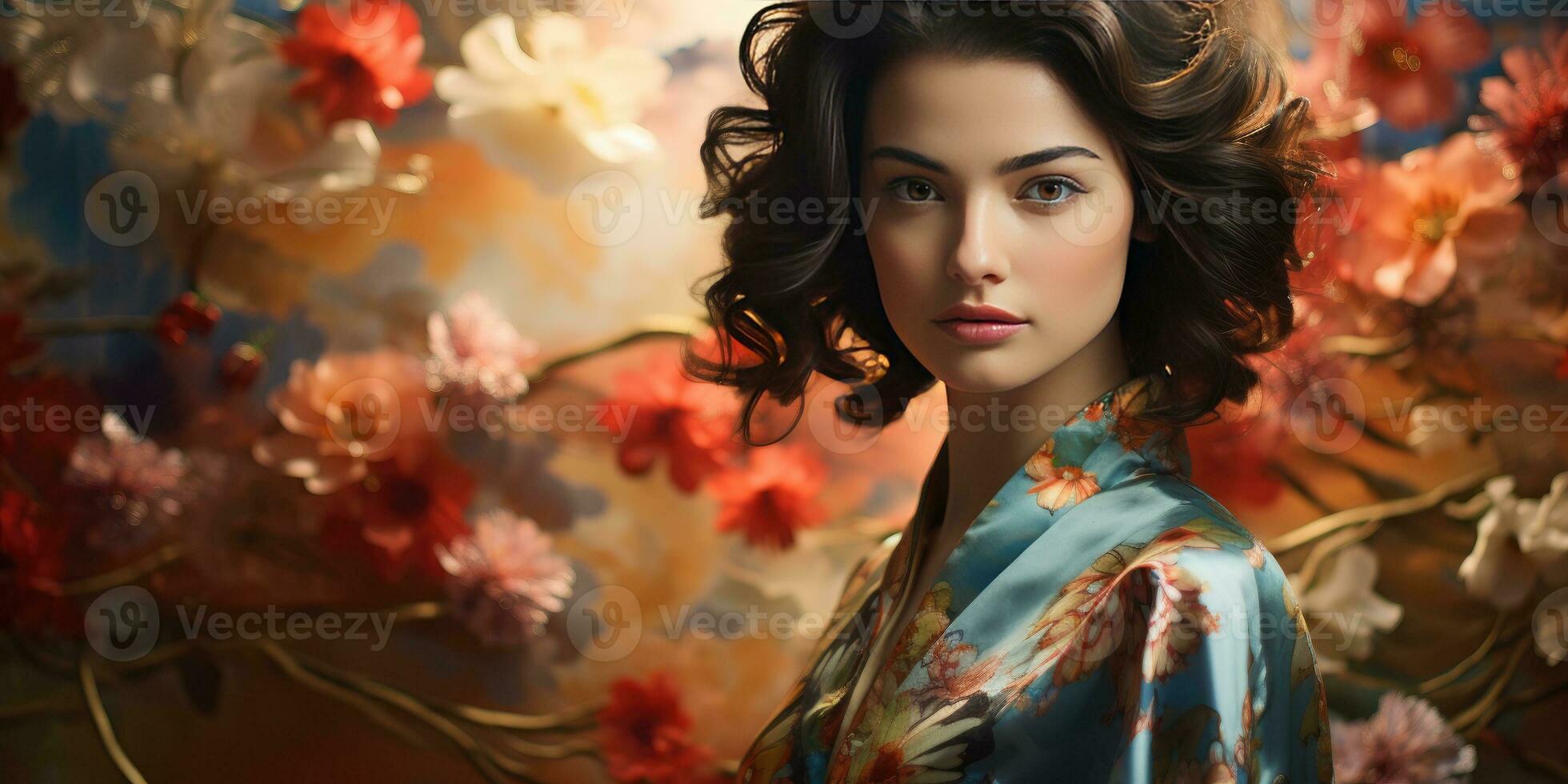 Beautiful young woman in kimono on a floral background. Generative AI photo