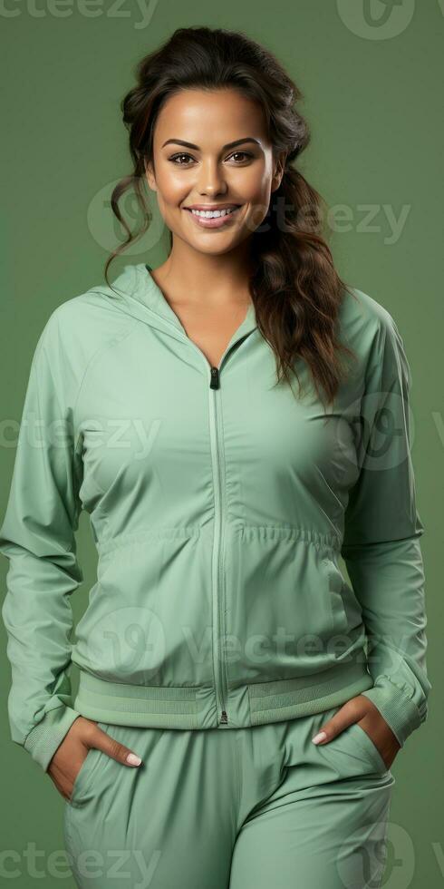 Woman on green background, fitness, healthy lifestyle concept. Generative AI photo