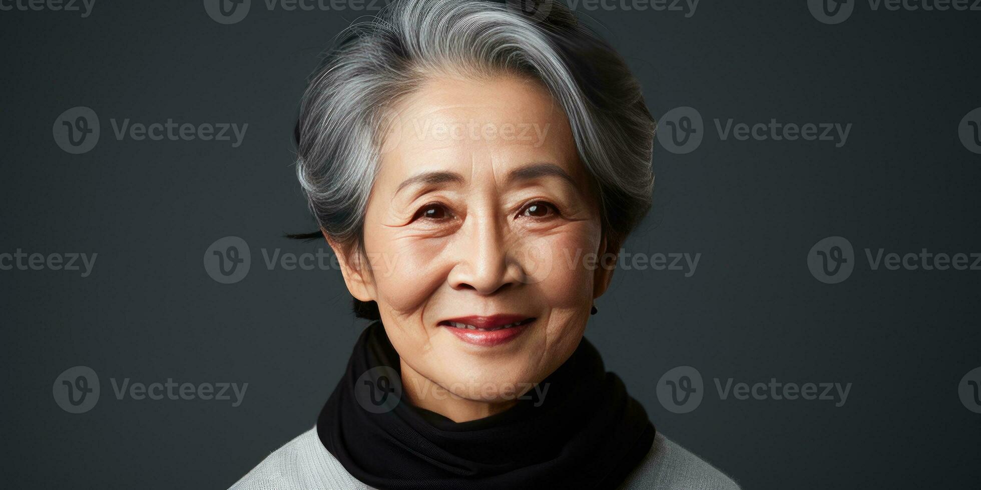 Gray-haired Asian woman on a dark background close-up. Generative AI photo