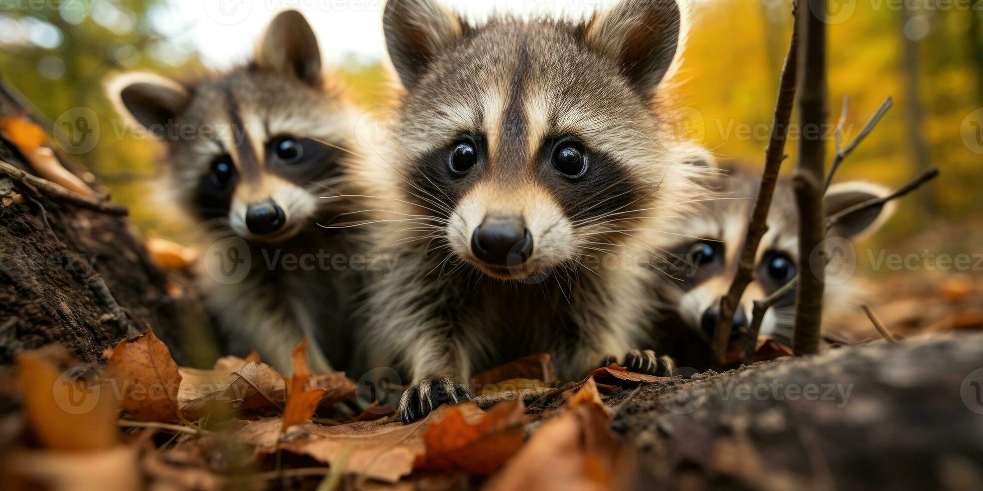 lote de gracioso mapaches en el otoño bosque. animal mundo. generativo ai foto