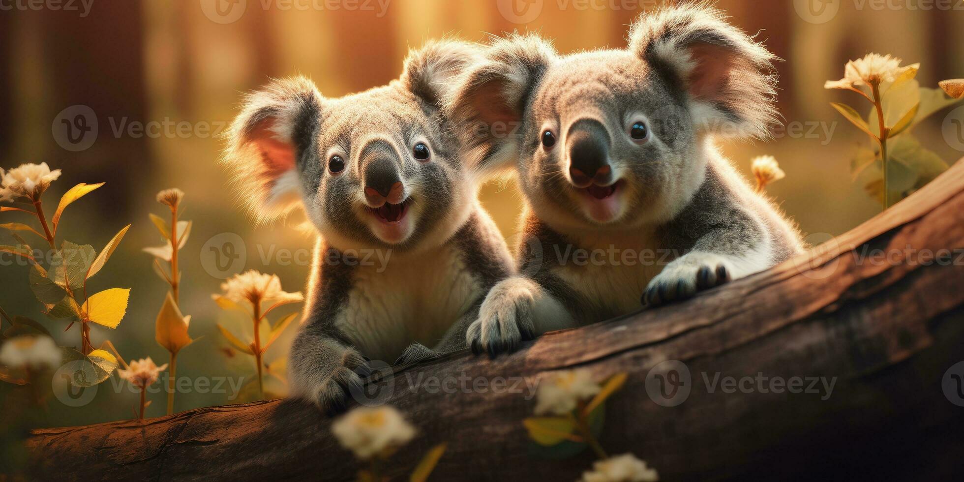 Cute Koala on branch of eucalyptus tree. Generative AI photo