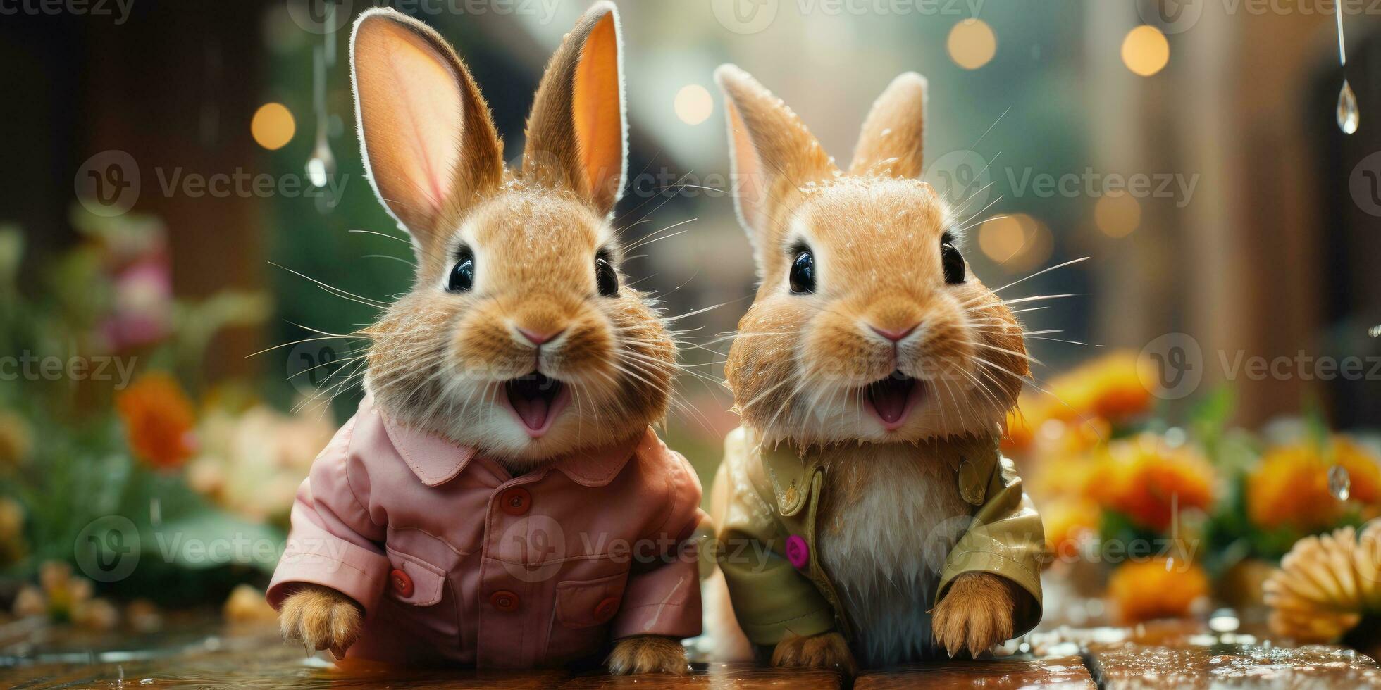 Cute and funny rabbits clothes look into the camera lens. Animal world. Generative AI photo