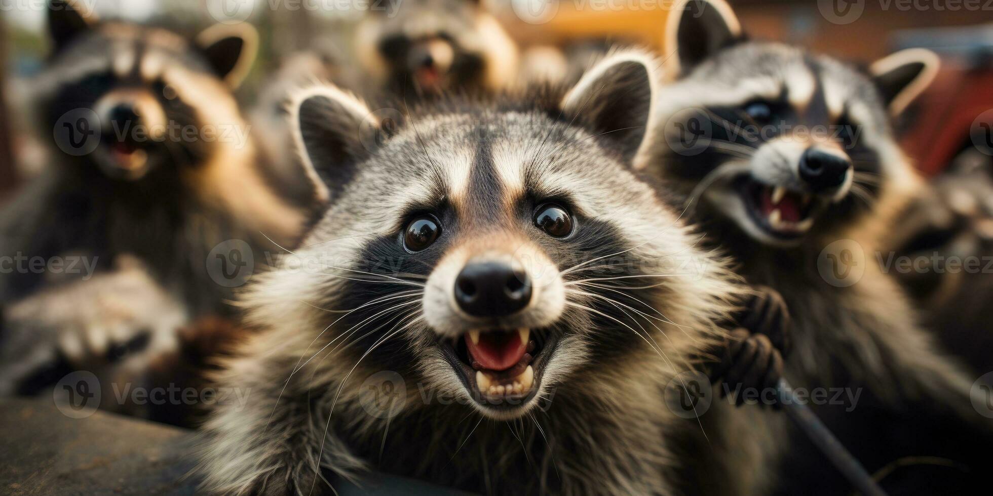 Cute and funny raccoons look into camera lens. Generative AI photo