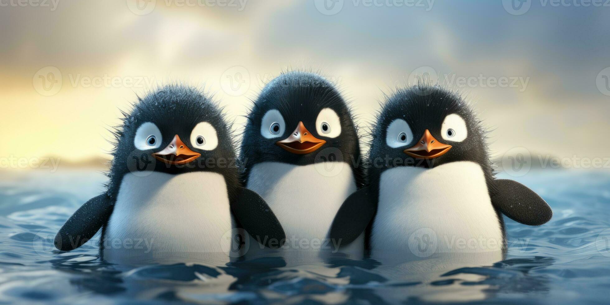 Cute and funny penguins winter, cartoon. Animal world. Generative AI photo