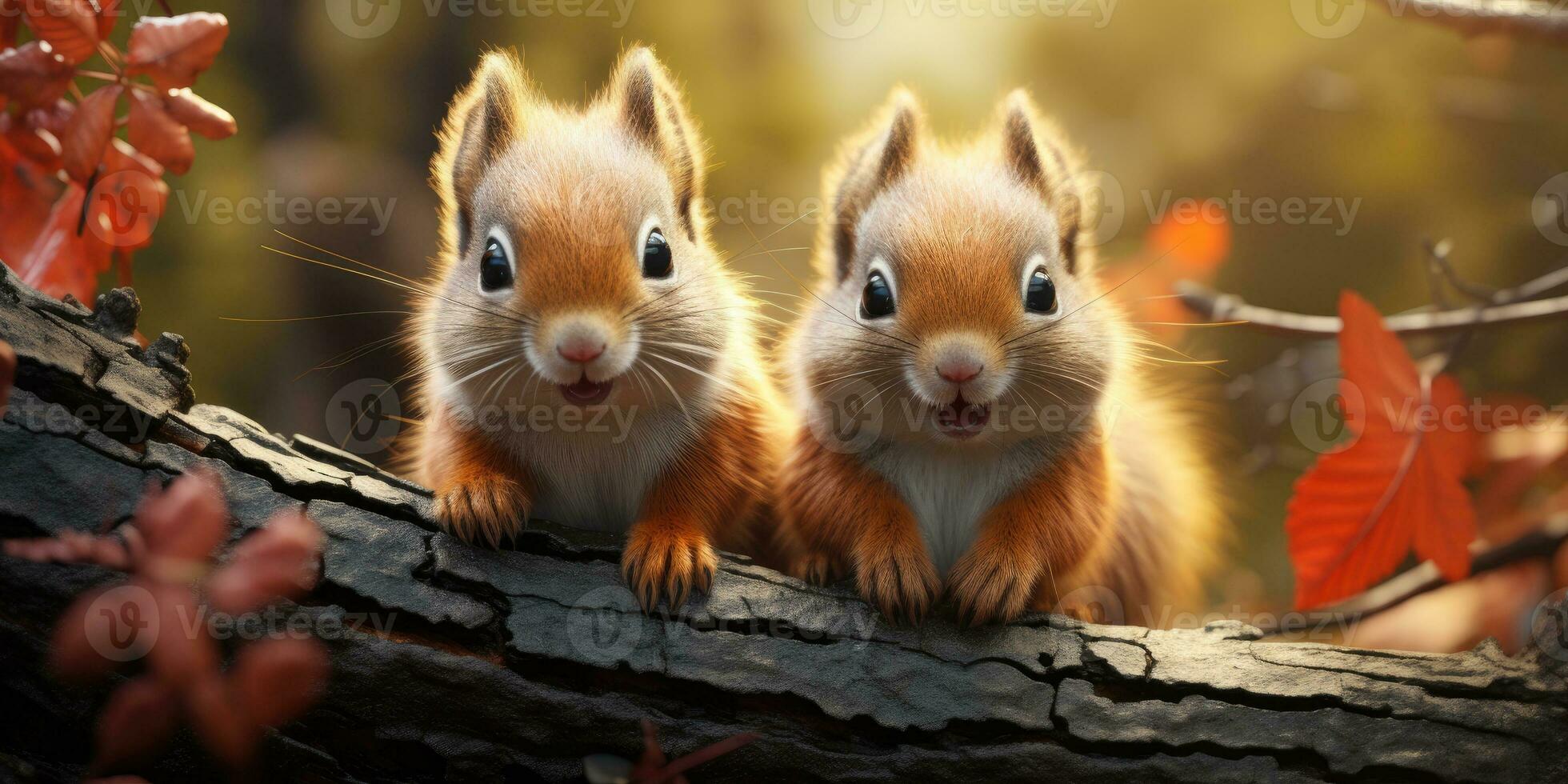 Two funny little squirrels the autumn forest look at the camera. Generative AI photo