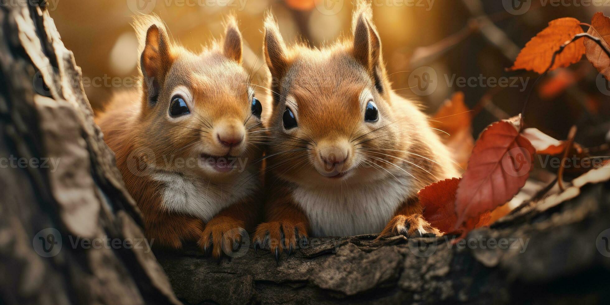 Two funny little squirrels the autumn forest look at the camera. Generative AI photo