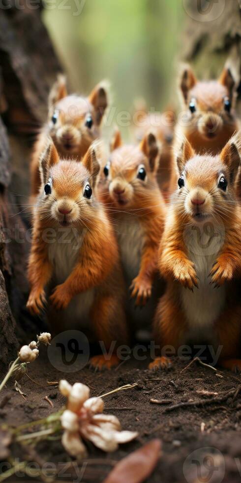 lot of funny baby squirrels in the autumn forest. Animal world. Generative AI photo