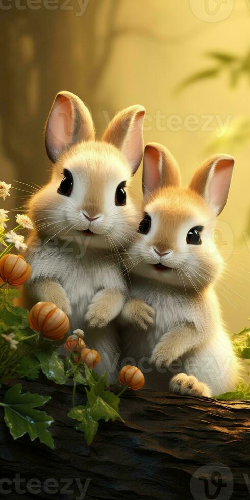 Cute and funny rabbits. Animal world. Generative AI photo