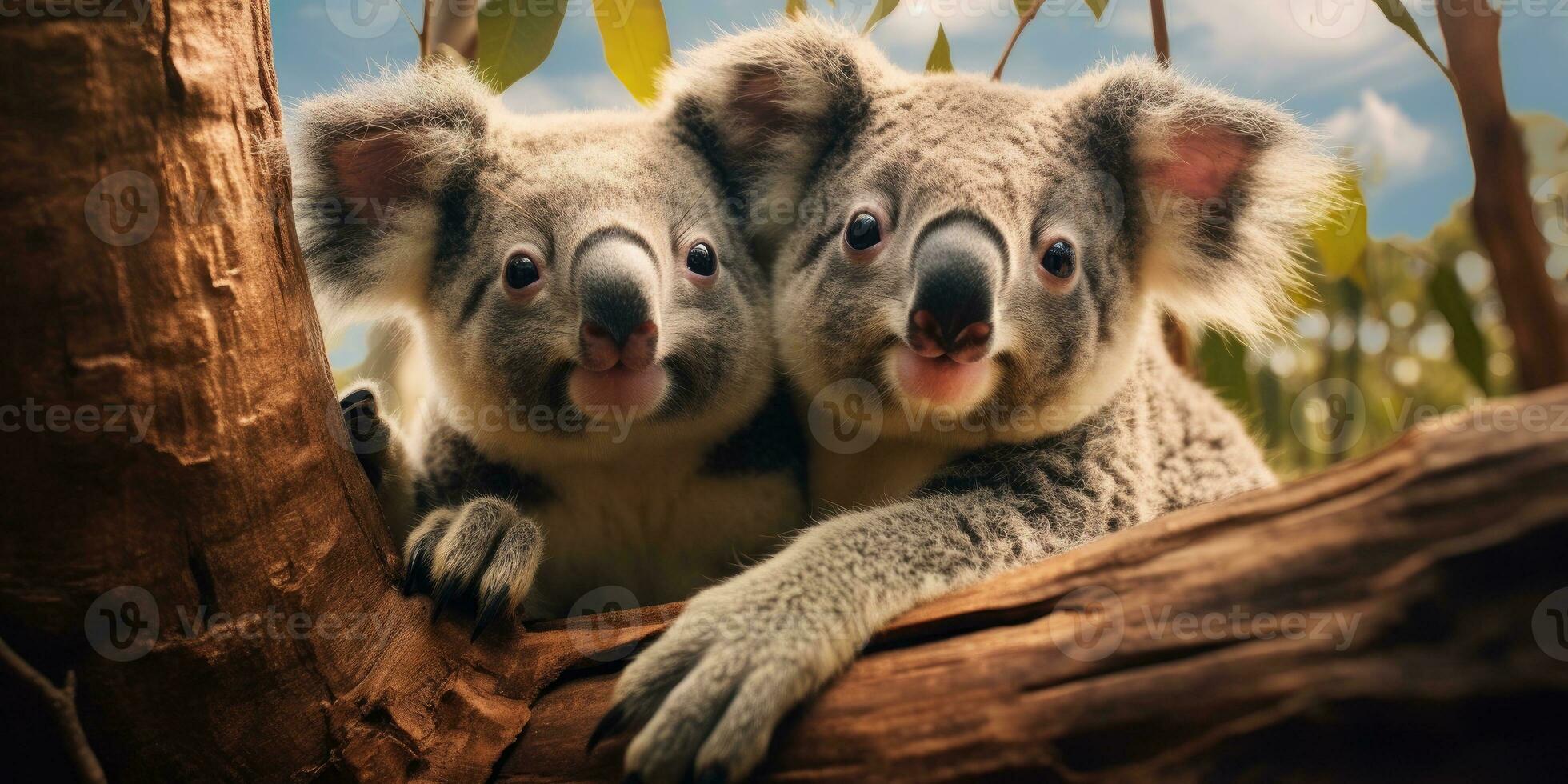 Cute Koala on branch of eucalyptus tree. Generative AI photo