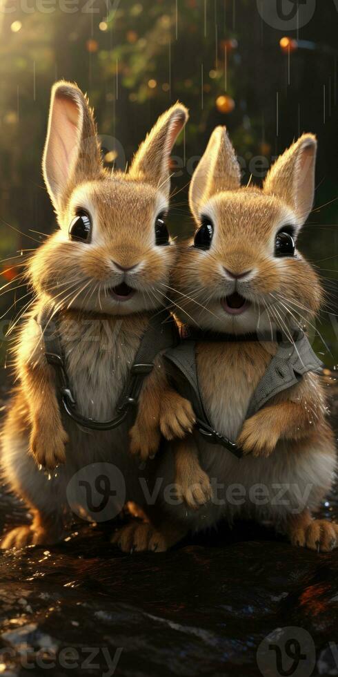 Cute and funny rabbits clothes look into the camera lens. Animal world. Generative AI photo