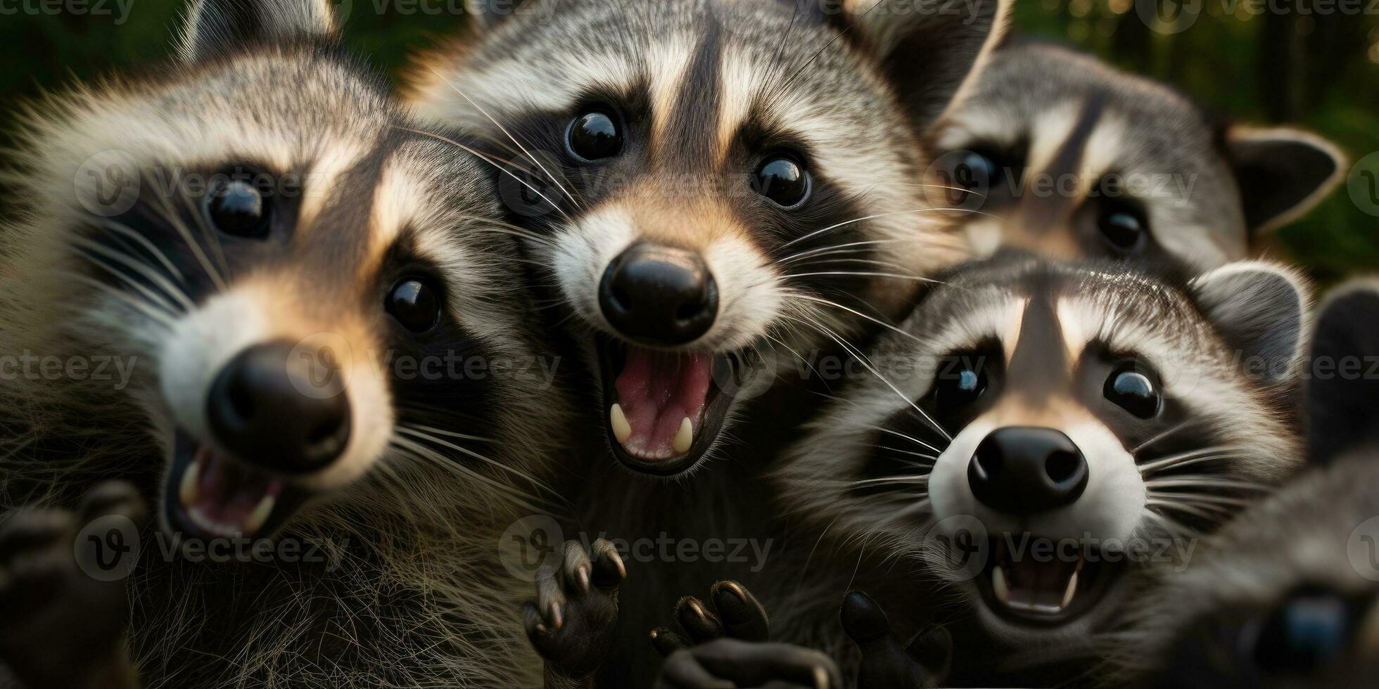Cute and funny raccoons look into camera lens. Generative AI photo