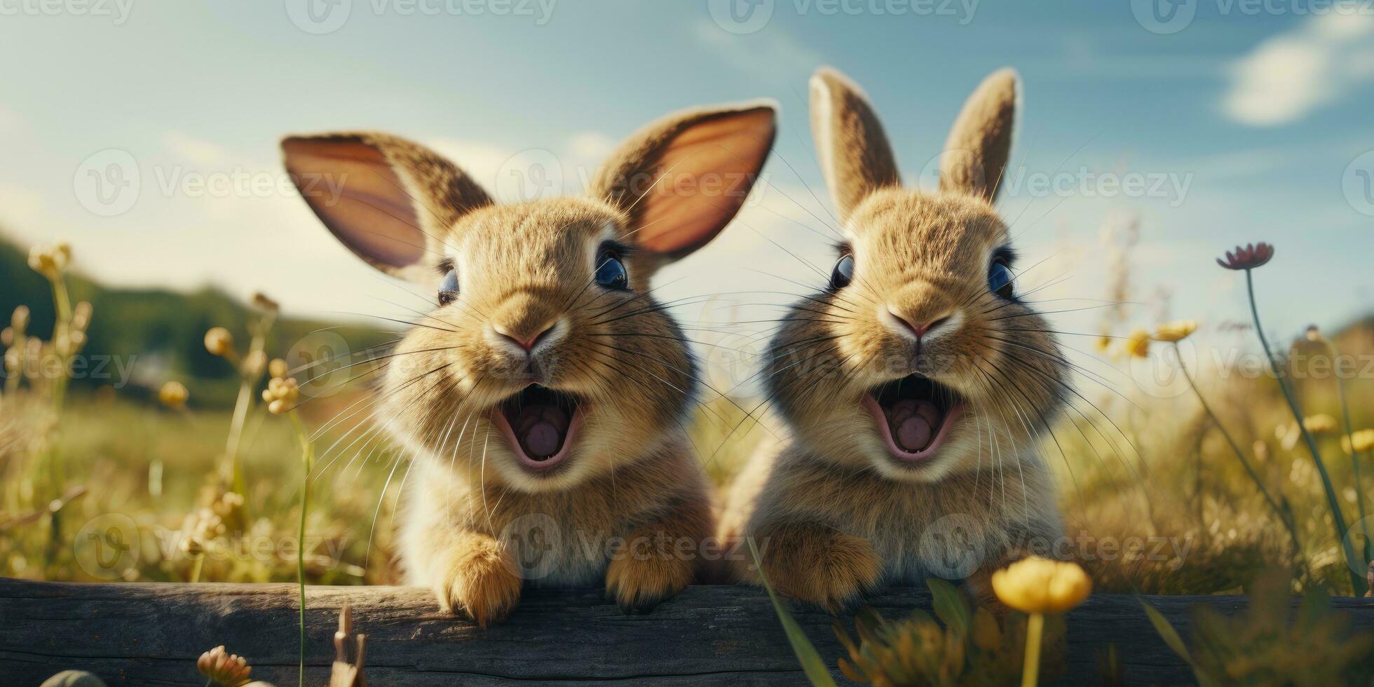 Cute and funny rabbits look into camera lens. Animal world. Generative AI photo