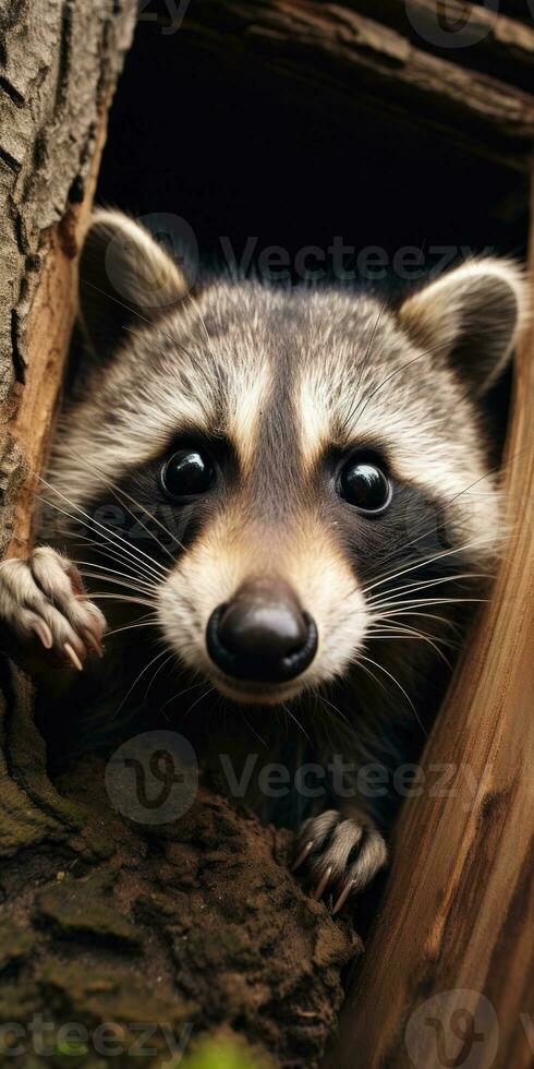 un mapache cuidadosamente mira en desde un robusto árbol rama. generativo ai foto