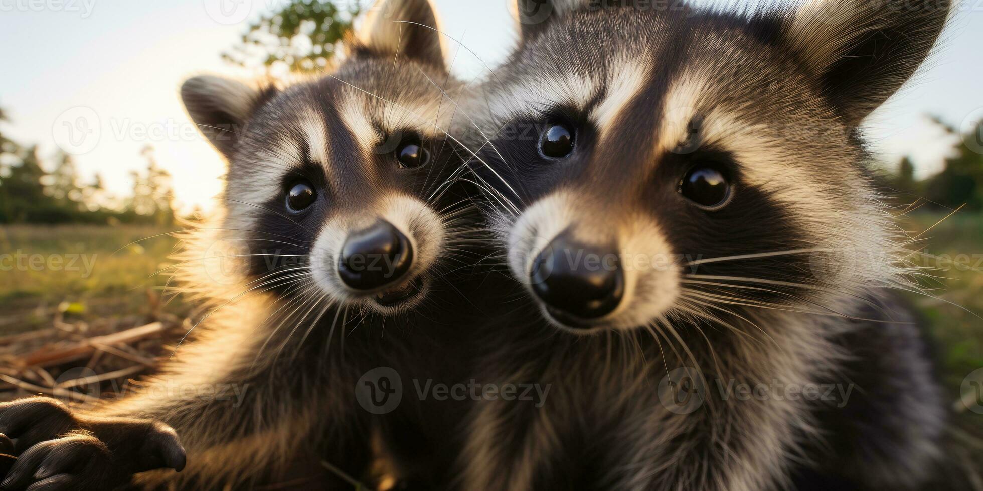 un mapache cuidadosamente mira en desde un robusto árbol rama. generativo ai foto