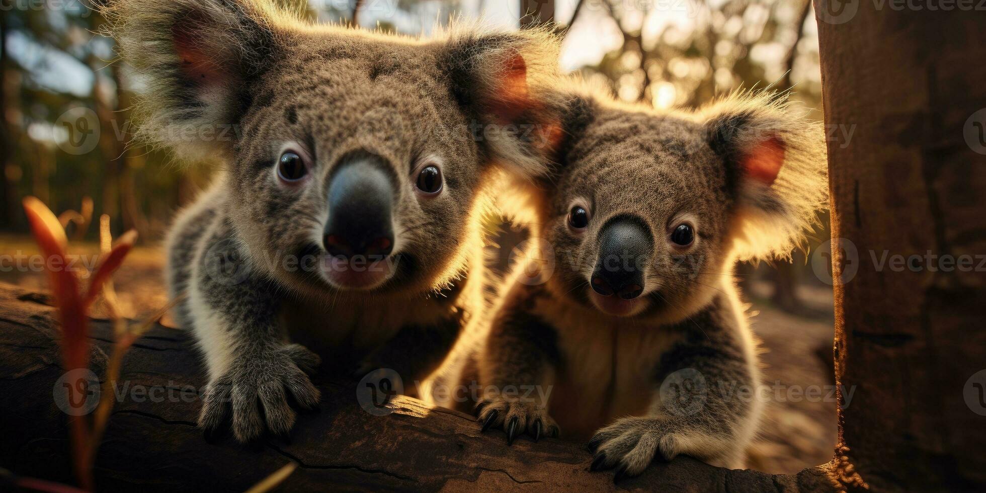 Cute Koala on branch of eucalyptus tree. Generative AI photo