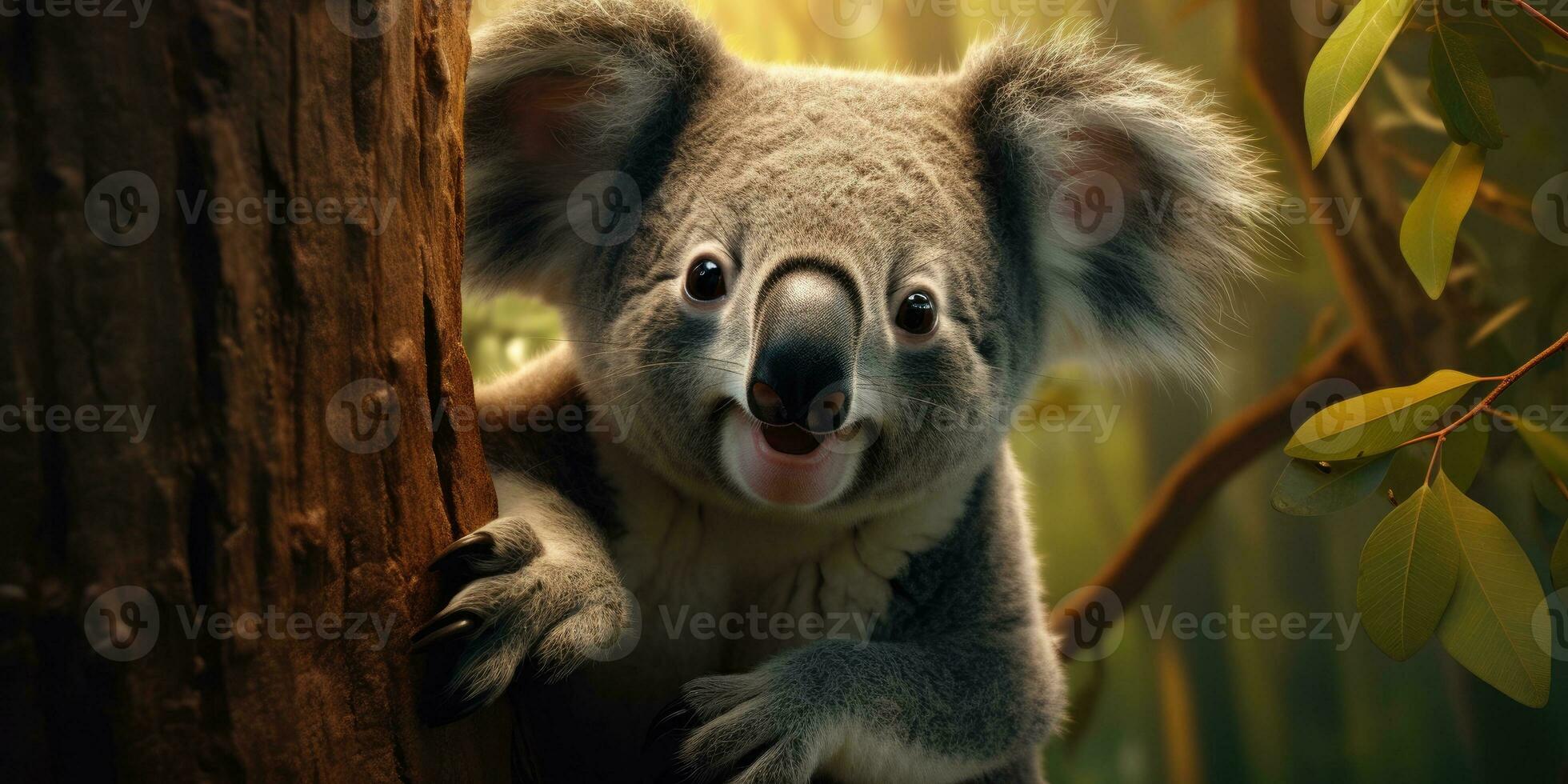 Cute koala on a tree close-up. Generative AI photo