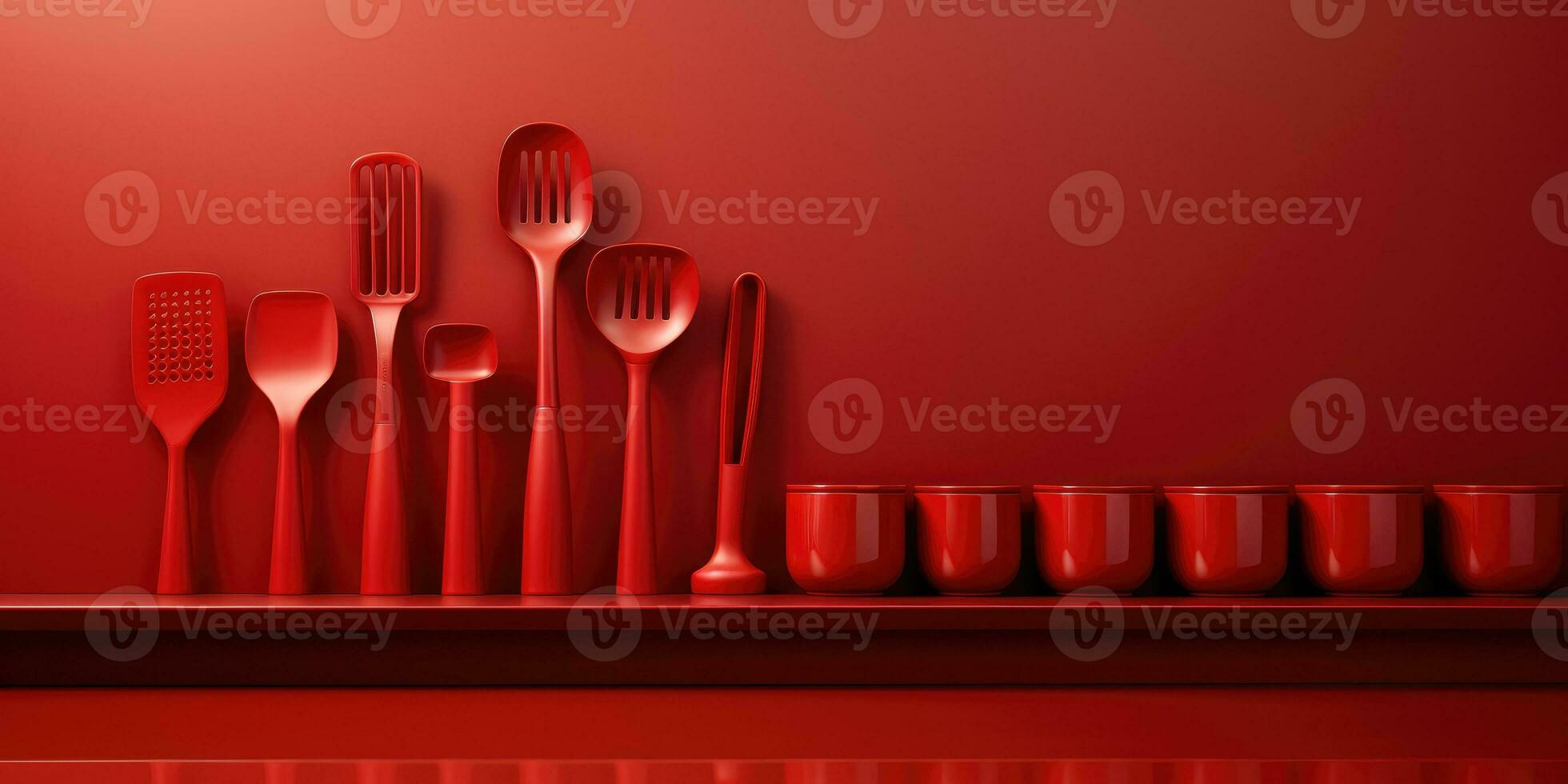 Different designs of red dishes and shelves. Generative AI photo