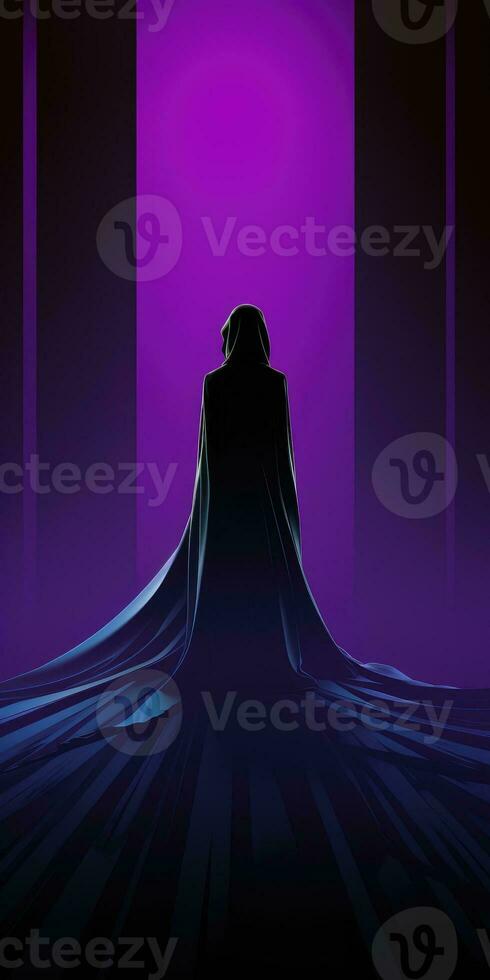 Silhouette of a girl in a dress on a purple background. Generative AI photo