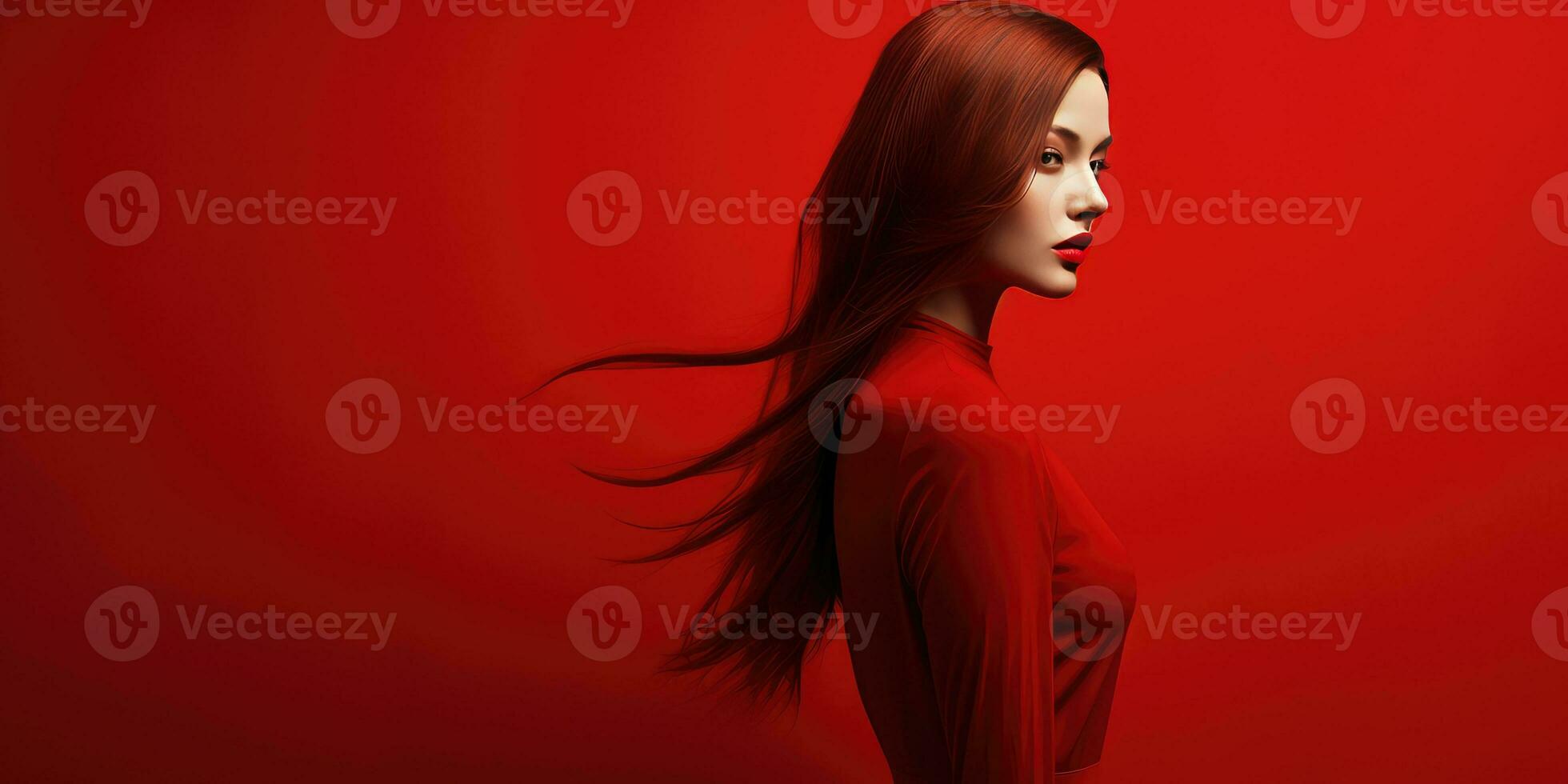 Silhouette of a girl on red background, minimalism. Place for text. Generative AI photo