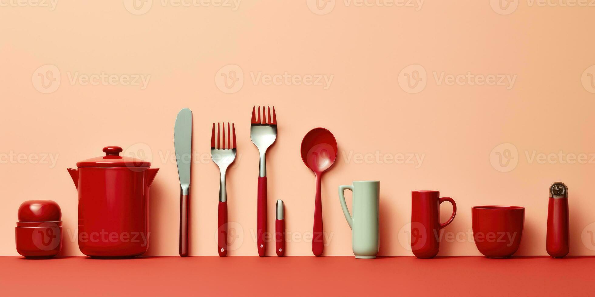Different designs of red dishes and shelves. Generative AI photo