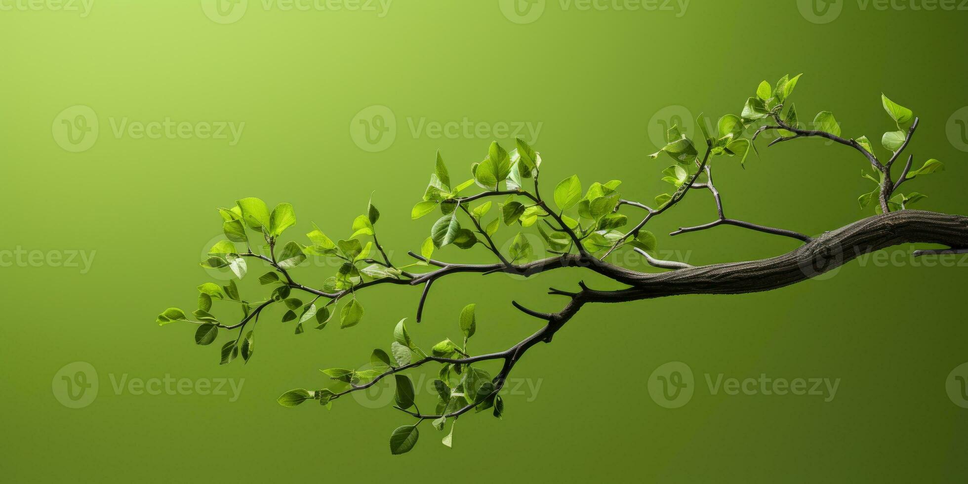 Branch with green leaves on green background. Minimalism. space for text. Generative AI photo