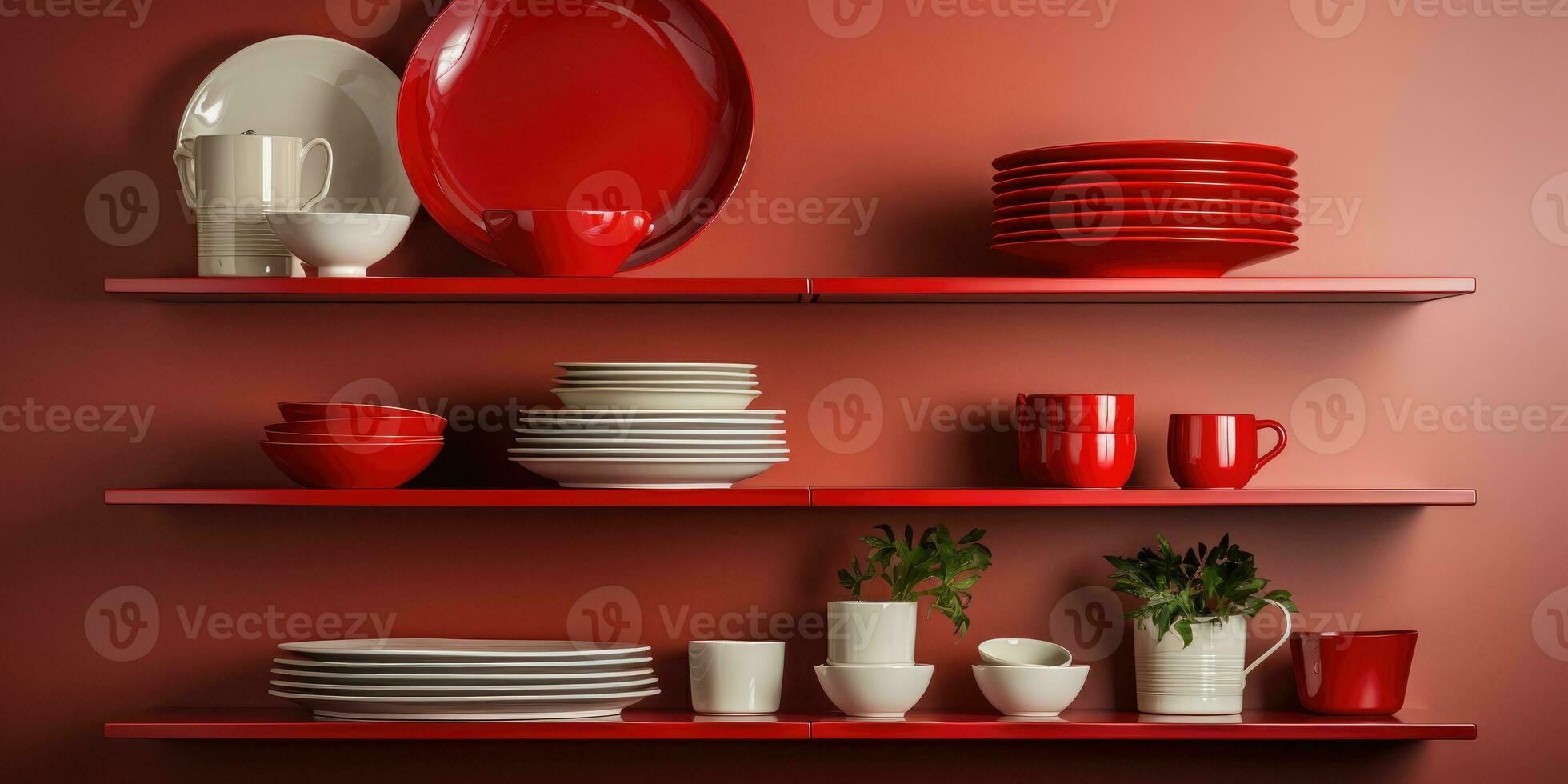 Design different red dishes on the shelf in the kitchen. Generative AI photo