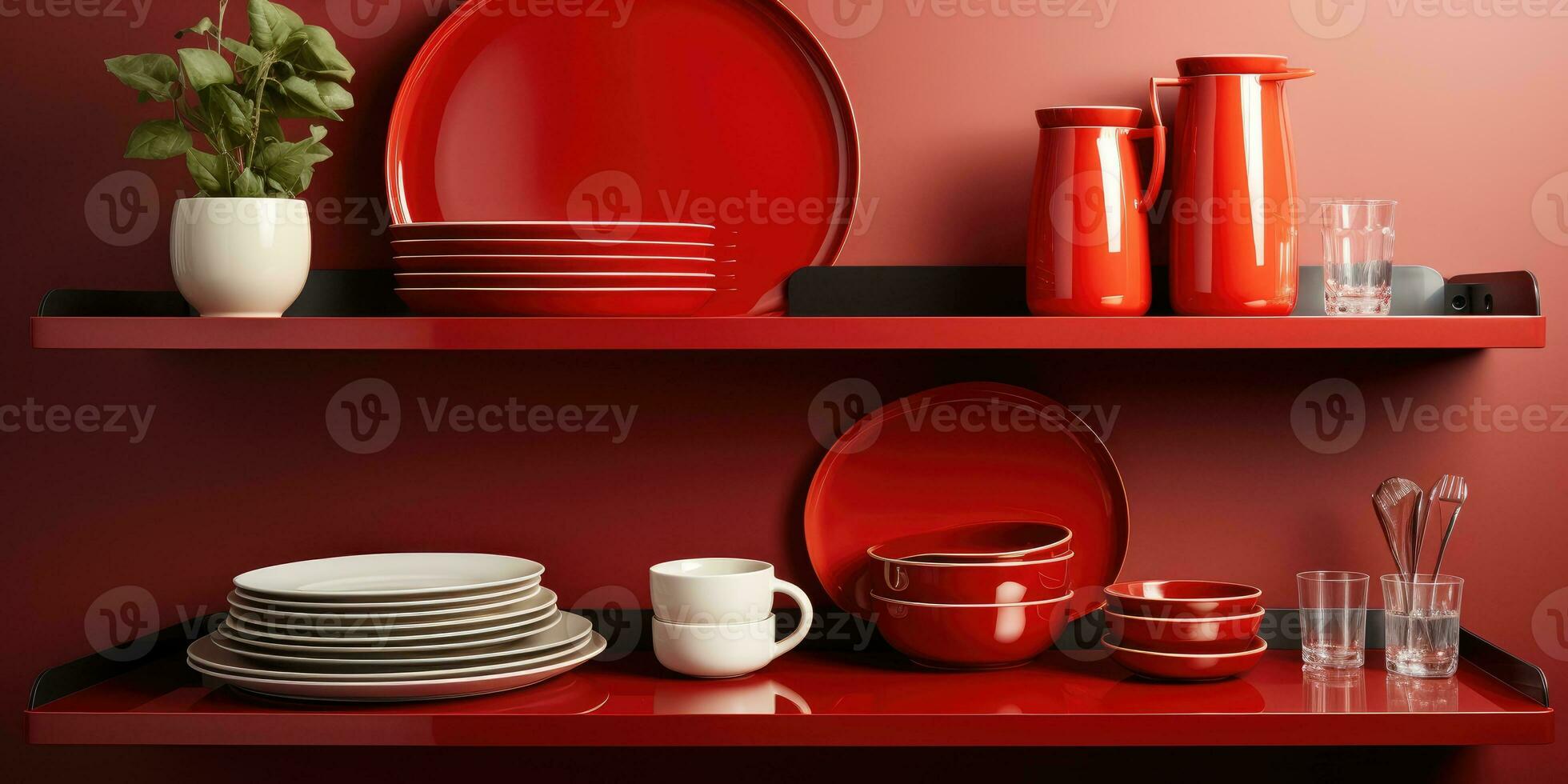 Design different red dishes on the shelf in the kitchen. Generative AI photo