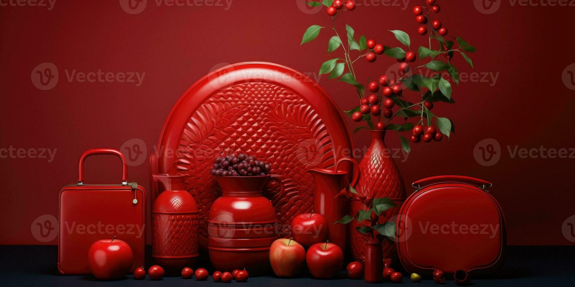 composition of red objects on a green background. Generative AI photo