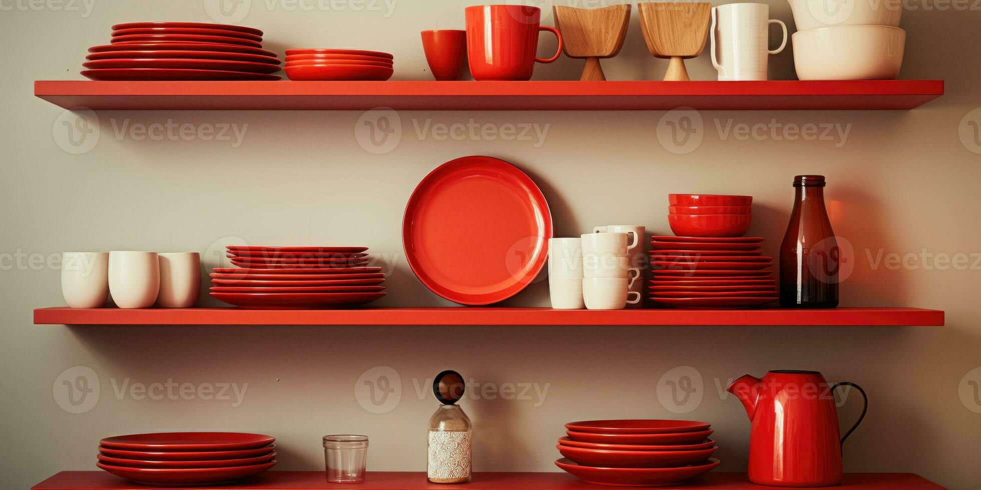 Design different red dishes on the shelf in the kitchen. Generative AI photo